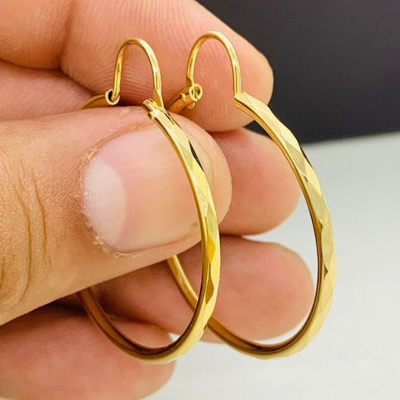 14K Gold Filled Endless Hoop Earrings with Diamond Cut Design for Womens 1.5x1.3 - Picture 1 of 6